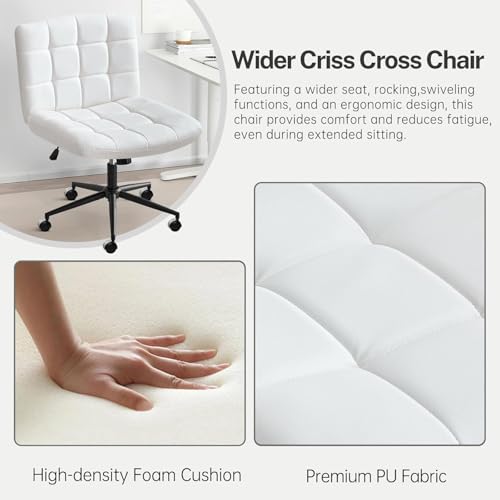 Image of Nutech Decor Armless Office Desk Chair - Linen Fabric Padded Swivel Adjustable Home Office Chair with 360 Wheels, Wide Criss Cross for Desk, Living Room (ND-Pu-ivorywhite-Wheel)
