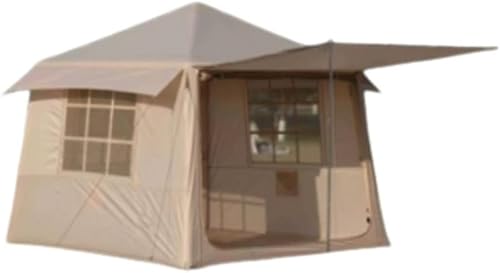 Deluxe Outdoor Camping Shelter, Beige Canvas Tent with Extended Awning, Large Family Size, Waterproof Design