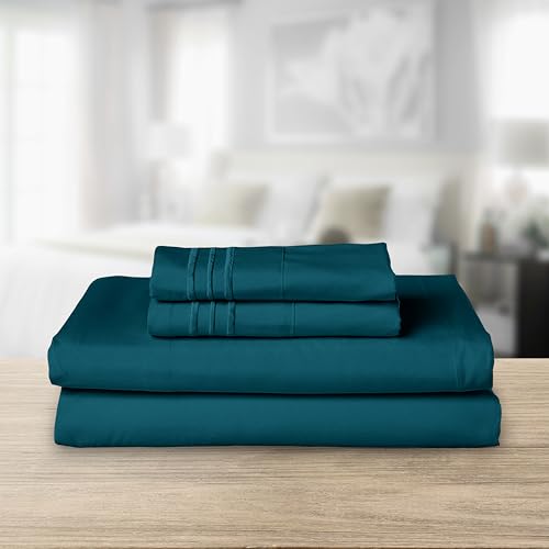 Image of Elegant Comfort Luxurious 1500 Premium Hotel Quality Microfiber Three Line Embroidered Softest 4-Piece Bed Sheet Set, Wrinkle and Fade Resistant, Full, Marine Teal