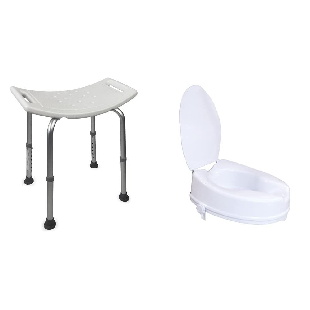 Mobiclinic, San Fermín, Silla de Ducha, Taburete de baño, Marca española, Ortopédica, Aluminio, Altura Regulable, Respaldo, Reposabrazos & ® Elevador WC para Adulto, con Tapa, Modelo Titán
