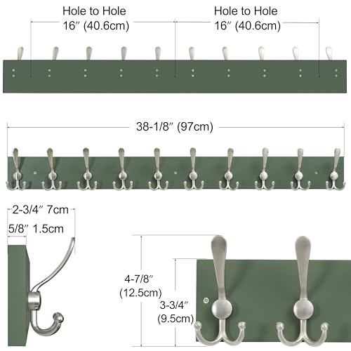 Image of SKOLOO Creations Forest Green Solid Wood Wall Mounted Coat Rack, 10 Hooks, 38-1 /8 inch Long - Kitchen, Mudroom, Entryway, Bathroom - Includes Mounting Hardware, Wall Coat Hanger, Towel Rack, Pack of 2