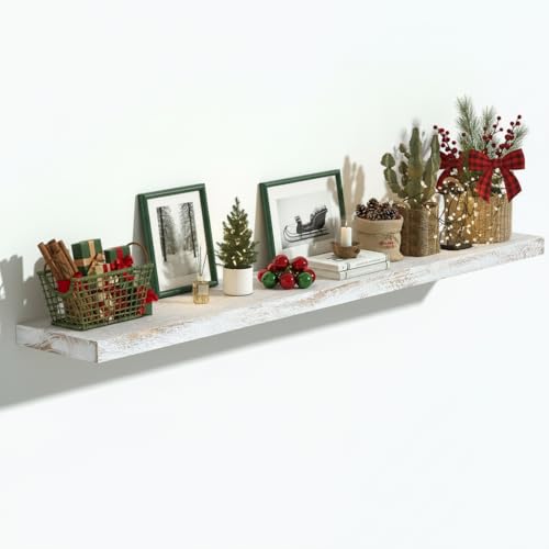 Image of Vivelove Elm Wood Floating Shelf 48x8 inch Set of 1, Weathered White