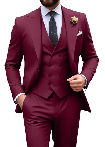 Image of Mens Suit Slim Fit 3 Piece Double Breasted Suit Men Formal Tuxedo Set Casual Wedding Prom Groom Suits