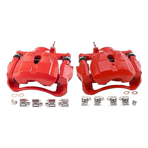 Image of TRQ Front Brake Caliper Set Painted Red Brackets Compatible with 2009-2010 Pontiac Vibe 2008-2014 Scion xD 2009-2018 Toyota Corolla 2009-2013 Matrix