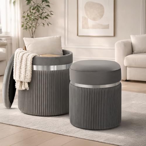 Round Ottoman with Storage Set of 2 — Velvet Nesting Footstool & Vanity Stool, Holds 250 lbs, Fully Assembled Hidden Storage Ottoman for Living Room & Bedroom, Grey