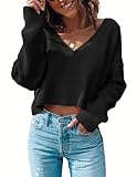 Zeagoo Women Waffle Knit Cropped Top Casual V Neck Long Sleeve Pullover Top Black Plus Size