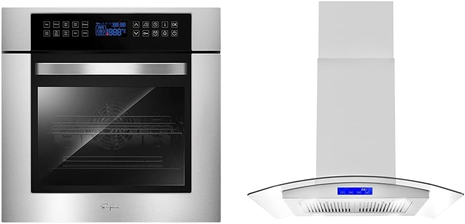 Empava 24 Inch Electric Single Wall Oven 10 Cooking Functions Deluxe 360° ROTISSERIE & COSMO 668ICS750 30 in. Island Mount Range Hood with 380 CFM, Soft Touch Controls