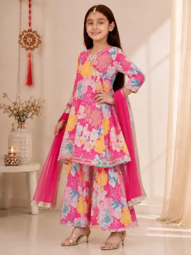 Image of Preneum Girls's Ethnic Cotton Bandhani & Lehariya Printed 3 /4 Sleeves Gotta Patti Angrakha Kurta with Sharara Set