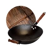 WANGYUANJI Handmade Ancient Method Cast Iron Wok 12.59' Chinese Woks and Stir-Fry Pans(Cleaning Cloth & Brush for Free) Traditional Flat Bottom Wok Restaurant Barbecue Suitable