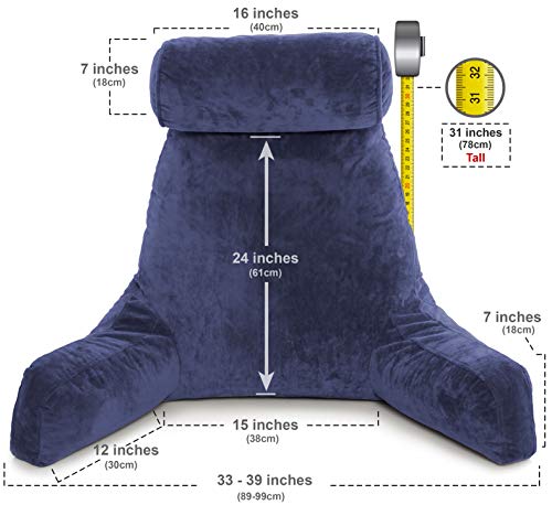 XXL Husband Pillow Dark Blue Backrest with Arms - Adult Reading Pillow Shredded Memory Foam, Ultra-Comfy Removable Microplush Cover & Detachable Neck Roll, Unmatched Support Bed Rest Sit Up Pillow