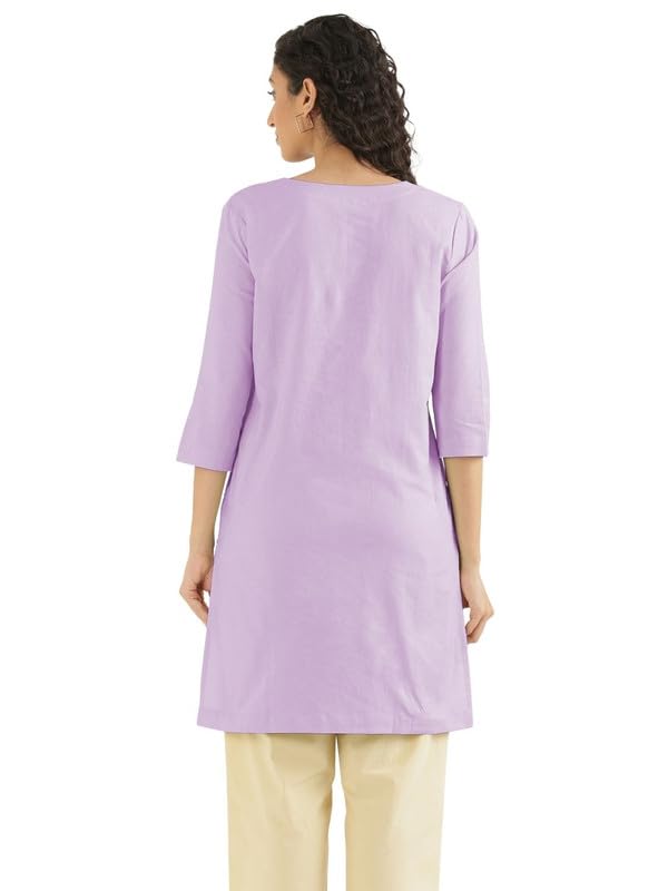 Image of SAADAA Airy Linen Mid Thigh Length Kurta for Women | Stylish Split Neck, 3 /4 Sleeves & Side Pockets | Comfortable Everyday Wear Kurta | Breathable Fabric |