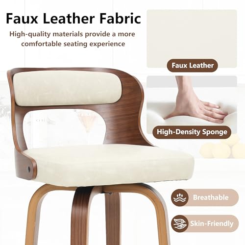 Image of Swivel Bar Stools Set of 1, 26 inch Counter Height Bar Stools, Mid-Century Modern PU Leather Modern Island Chairs with Back and Footrest, for Kitchen, Bar, Restaurant, Cafe (Beige Gray)