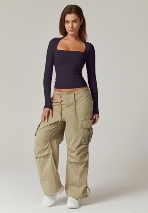 QINSEN Women's Sexy Square Neck Shirt Long Sleeve Double Lined Tees Fitted Going Out Tops - Image 5