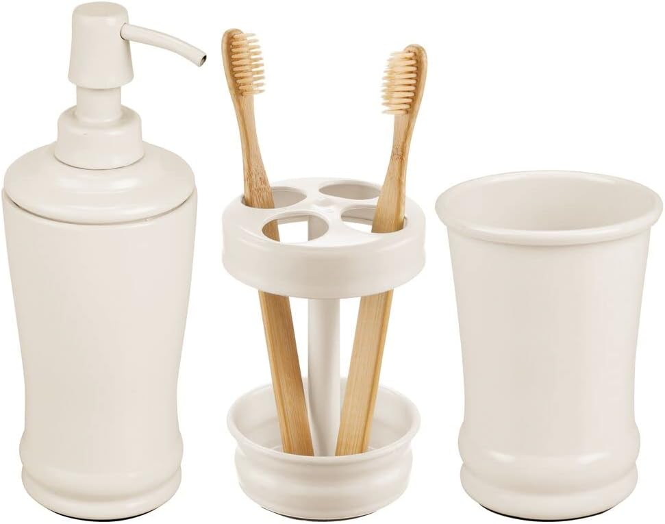 mDesign Metal Bathroom Vanity Countertop Accessory Set - Includes Refillable Soap Dispenser, Divided Toothbrush Stand, Tumbler Rinsing Cup, Vivi Collection, Set of 3, Cream