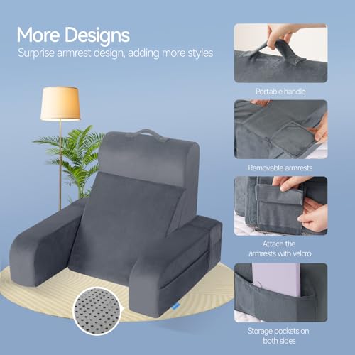 Kayfia Reading Pillow, 10 in 1 Back Pillow for Bed Sitting up with Detachable Arms Rest, Back Rest with Gel Memory Foam, Husband Pillow for Reading/Gaming/Working in Bed or Couch 19\", Gray