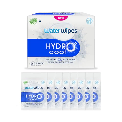 WaterWipes HydroCool Toallitas Refrescantes XL, Paños Corporales para Enfriamiento Instantáneo, Control de Olor y Sudor, Ideales para Gimnasio, Viajes y Aire Libre, 64 unidades (8 paquete)