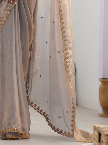 Image of AKHILAM Women's Shimmer Tissue Embroidered Saree With Unstitched Blouse Piece