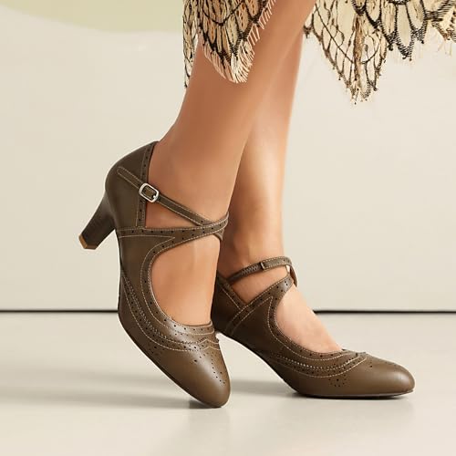 Women's Mary Jane Rockability Oxford Close Round Toe Vintage Wingtip 1950s Heels Ankle Straps Retro 1920s Victorian Pumps Shoes4