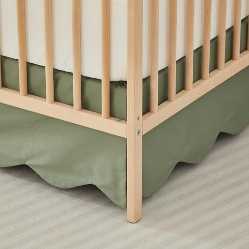 Image of Brandream Scallop Edge Cotton Crib Skirt Toddler Bedskirt Baby Nursery Crib Bed Skirt Boho Bohemian Neutral Solid Color Vintage Sage Green Farmhouse Chic Boho Bohemian Skirt