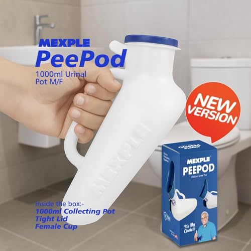 Image of MEXPLE Unisex Peepod Urinal Pot 1000 ML | Portable Urine Bottle with Female Cup Pee Funnel | Medical Grade Urine Collector for Men Women Bedridden Patients - White