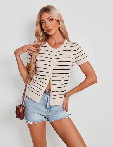 Image of GRACE KARIN Women Short Sleeve Cardigan, 2026 Summer Knitted Sweater Tops, Basic Crew Neck Crop Outfits