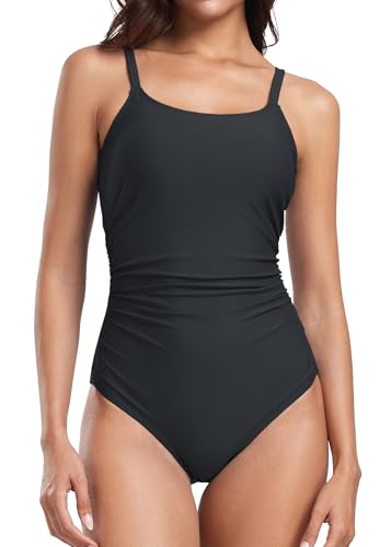 Vevarble Swimming Costume Women Tummy Control One Piece Swimsuit Sports Swimwear Ruffled Adjustable Straps Bathing Suits,L,Black