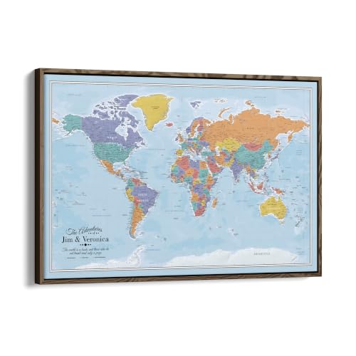 Image of Blue Oceans World Push Pin Map Canvas - Personalized Travel Gift - Framed Wall Decor - Brown Float Frame - 24 inch x 36 inch