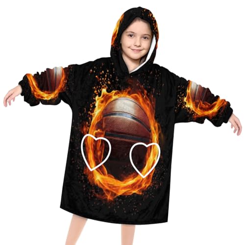 Kids Blanket Hoodie Ball Basketball Wearable Blanket Hoodie Oversized Hooded Blanket, Sweatshirt Blanket with Pockets Soft Warm Kids Hooded Blanket for Girls, Boys