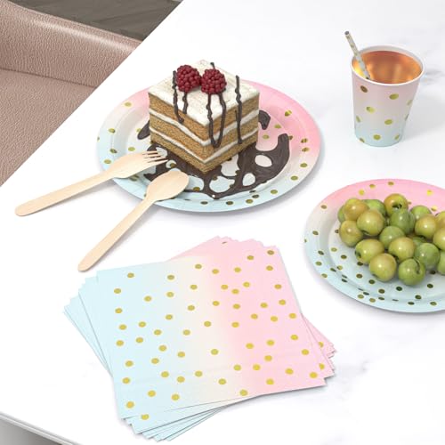 Dn Dennov 168PCS Pink and Gold-Pastel Supplies, Serves 24 Disposable Dinnerware Set with Paper Plates, Cups, Napkins, Straws, Wooden Forks & Spoons for Wedding, Christmas (Trompe L'Oeil Gold) - Image 4