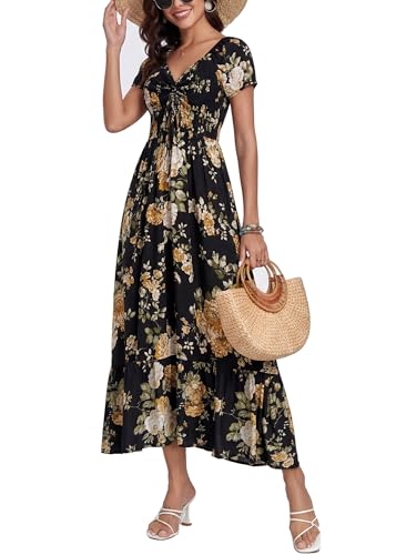 Image of Summer Smocked Boho Maxi Dress for Women 2026 Short Sleeve Floral Smocked Flowy Ruffled Beach Vacation Dresses Lightweight