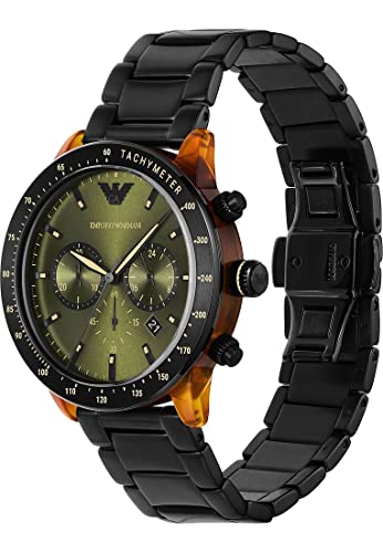 Image of Emporio Armani Watch for Men, Quartz 2 sub dial Chronograph Movement and 43mm Case Size with Stainless Steel Strap, Black and Green, 43 mm, Classic with stainless steel bracelet