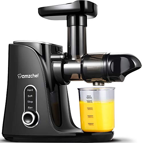 AMZCHEF Spremiagrumi frutta e verdura con 2 modalità di velocità - Spremiagrumi Slow Juicer con bottiglia portatile e 2 tazze - BPA Free Cold Press Juicer - Nero