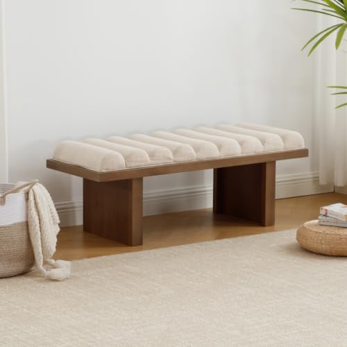 CIMOTA Modern Bedroom Bench, 47 Inch Upholstered End of Bed Bench Padded Entryway Bench with Cylindrical Cushion/Wood Legs, Wooden Window Bench for Living Room/Hallway, Linen Beige - image 3
