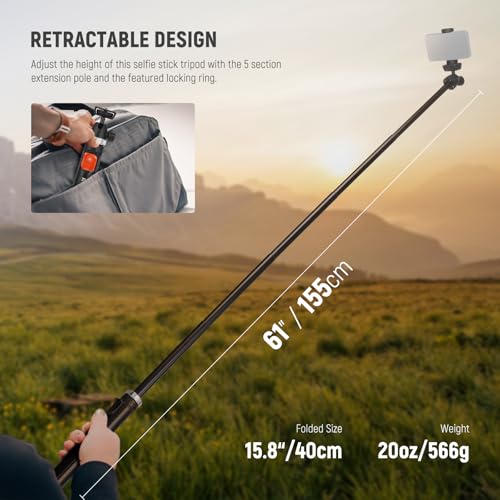 Image of NEEWER Phone Tripod for Camera with Cell Phone Holder & Remote, 62.9 inch All Metal Selfie Stick Travel Vlog Video Recording Portable Stand Compatible with iPhone Canon Sony Nikon, Cleaning Cloth, TS05