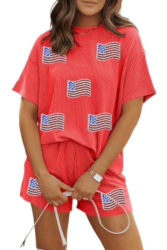 Image of Womens Pajama Sets 2 Piece Pjs Sleepwear Soft Comfy Short Sleeve Tops and Shorts Lounge Set Loungewear Outfit