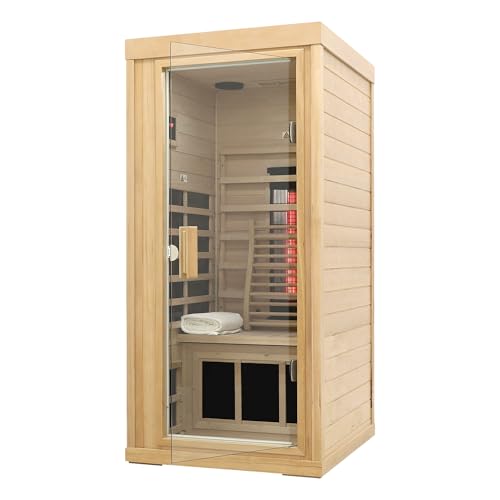 Ceramic Infrared Sauna, 1 Person Infrared Sauna, Hemlock Wood Home Sauna Spa, Far Infrared Sauna Indoor, Low EMF Infrared Saunas for Home with Smart Display, Bluetooth Speaker,1,240 watt