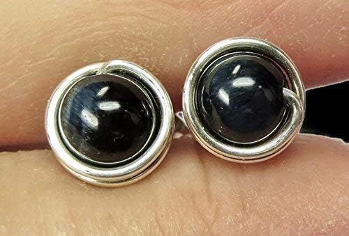 Blue Tiger Eye & Sterling Silver Wire-Wrapped Post Earrings