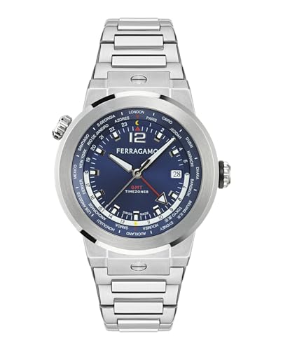 Ferragamo F-80 GMT Worldtime Collection Luxury Mens Watch Timepieces with a Silver Bracelet Featuring a Stainless Steel Case and a Blue Dial