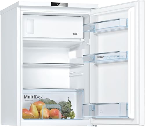 Bosch KTL15NWEB, Serie 2, Mini Kühlschrank, 106 L Kühlen & 14 L Gefrieren, 85 x 56 cm, MultiBox für Lagerung von Obst und Gemüse, LED-Beleuchtung, schneller kühlen mit der Super Kühlen-Funktion, Weiß