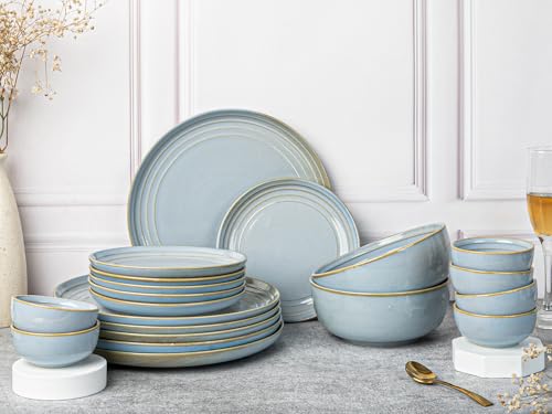 Image of Bodhi House Handcrafted Chip Resistance Porcelain Dinner Set, 20 Pieces Dish Set Serving for 6, Microwave and Dishwasher Safe, Bone-ash Free, Crockery Set for Dining and Gifting, Arctic Blue