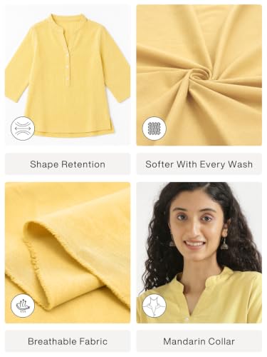 Image of SAADAA Women Short Kurti Airy Linen Regular Fit Kurta with 3 /4th Sleeves, Mandarin Collar, Side Slit Perfect for Casual, Formal, and Ethnic Wear