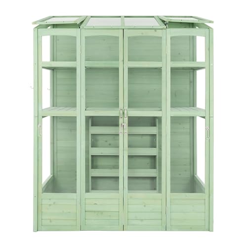 Garden Greenhouse 5 x 2ft Green Wooden Victorian Tall Wall Growhouse Fir Wood Waterproof Paint Walk In Lean To 2 Swing Doors Auto-Vent Roof Windows Adaptable Shelving Planter Box Door Latch 4 Hooks