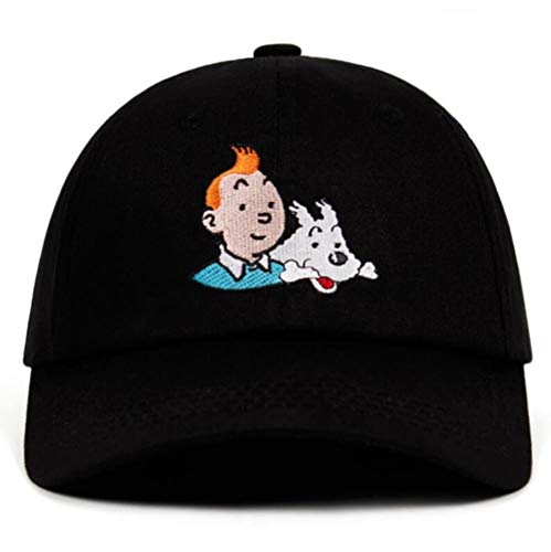 AJSJ 100% Baumwolle Tim Und Struppi Papa Gestickte Baseballkappe Custom Strap Back Unisex Verstellbare Aventures De Tintin   Hüte, Schwarz Cover
