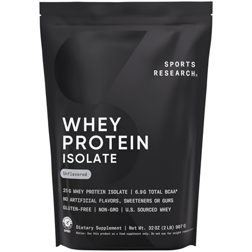 Image of Sports Research 100% Whey Protein Isolate Unflavored - U.S. Sourced Protein Powder w /BCAAs - No Artificial Flavors or Gums- Informed Sport Tested . Gluten Free - 2lb Bulk Bag, 25 Servings