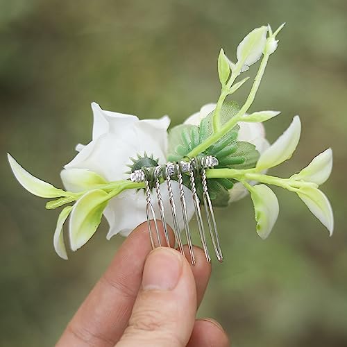 Fangsen FS2020052902 Wedding Boho White Rose Flowers Floral Comb With Hair Clip thumb #5