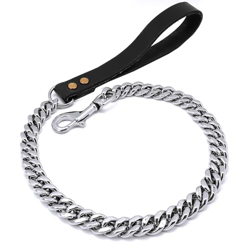 19mmステンレス鋼 犬 リード 小型犬/中型犬/大型犬 高耐久ロングリード 引っ張り防止 レザーハンドル付き チタンコーティング 変色防止 散歩 訓練 しつけに最適 プレゼント (90CM,シルバー)