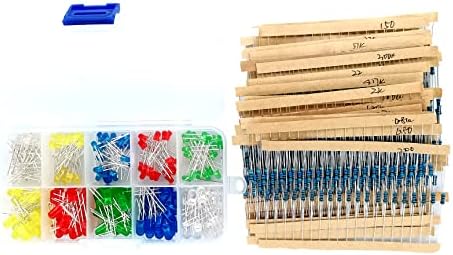 ELOOGAA led Resistor kit 600 Pcs 30 Values Resistor Kit 10 Ohm-1M Ohm with 1% 1/4W Carbon Film Resistors Assortment,200Pcs 5Colors 3mm&5mm LED Light Emitting Diode for Arduino Projects