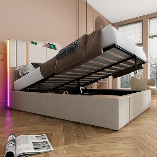 Dolamaní Polsterbett Bett 160x200 cm mit Lattenrost Beige, Doppelbett mit Stauraum, Schlafzimmer Boxspringbett, Lattenrost aus Holz, Kopfteil im Liniendesign