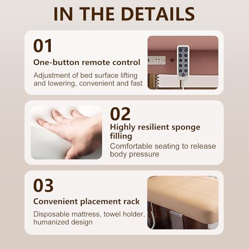 Larnavo Massage Table-Electric Massage Table with Pink Luxury Double Column Design, Beauty Bed Includes Smart Angle Adjustment, Thermostatic Heating Function, Stool(74.80IN) - Image 7