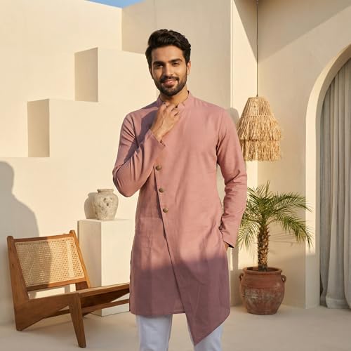 Image of OOMPH! Men's Ethnic Traditional Asymmetric Kurta Polycotton Regular Fit | High Neck Full Sleeves | Traditional Indian Festive Kurta | Stylish Casual and Wedding